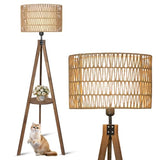 Boho Tripod Floor Lamps for Living Room, Rattan Wood Floor Lamp with Fabric Shades, Mid Century Standing Lamp with Shelf, Foot Switch, Modern Farmhouse Tall Lamps for Bedroom Office Brown