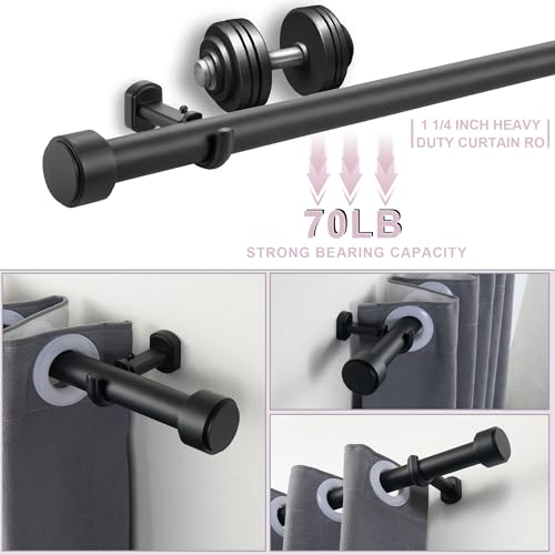 Heavy Duty Curtain Rods - 1 1/4" Large Diameter Premium Nonadjustable Curtain Rod - 36in/3ft Custom Window Treatment Rods with Durable Aluminum Brackets and End Caps,Black Finish