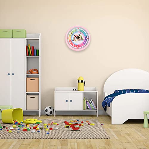 Quartz Battery Operated Round Easy to Read, Cartoon Colorful Quartz Time, Learning Hanging Clock for Kid's Bedroom Classr for Home Office Kitchen Classroom School Clock (Pink), Cartoon Colorful Qu