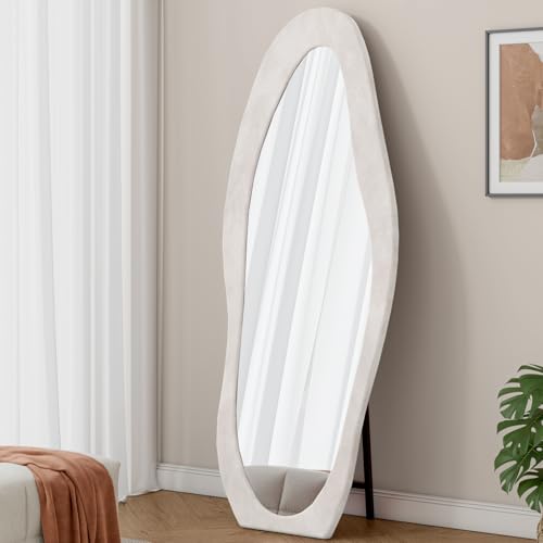 Full Length Mirror, 63" X 24" Floor Mirror/Wall Mirror, Flannel Wrapped Wooden Frame Floor Mirror, Irregular Wavy Mirror Standing/Halling Large Wall Mirror for Bedroom, Living Room, Dressing Room