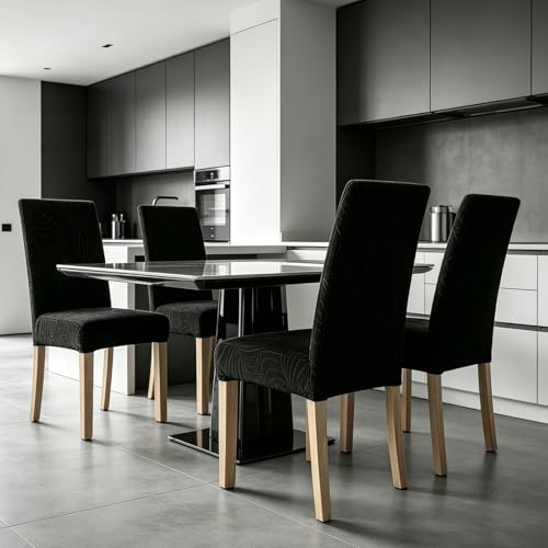Waterproof Dining Chair Covers Set of 6, Stretch Parson Chair Slipcovers for Kitchen/Dining Room, Seat Covers for Chairs with Anti-Slip, Ideal for Party & Daily Use, Leaves-Black
