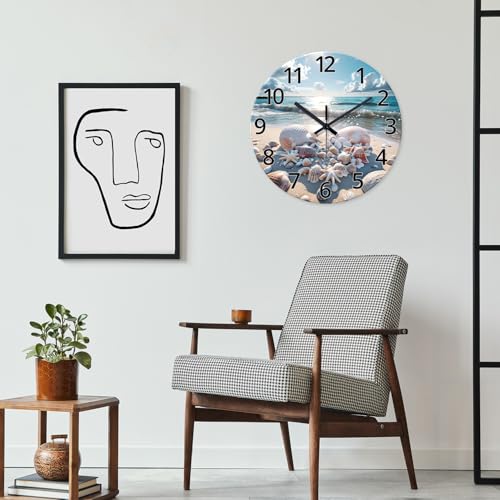 XNM Analog Blue Beach Wall Clocks for Living Room Coastal Sea Shell Wall Clocks Battery Operated 12 Inch Modern Round Glass Wall Clock Non Ticking