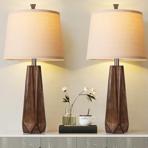 3 Color Temperature Table Lamps Set of 2, Beside Lamp with Linen Shade, 27'' Wood Grain Color Modern Table Lamp for Living Room, Resin Desk Lamp for Nightstands Bedroom Decor (2 Bulbs Included)