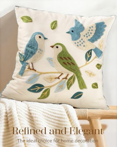 Embroidered Throw Pillow Cover 18x18 Inch - Summer Farmhouse Decorative Pillow Covers with Zipper for Couch Sofa Bedroom Living Room Spring Boho Cushion Pillowcase, Birds Leaves