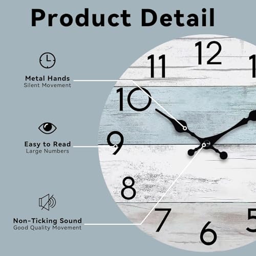 KECYET Wall Clock Silent Non-Ticking Wooden Clocks Battery Operated 12 Inch Small Country Retro Rustic and Beach Style Decorative for Living Room, Kitchen, Home,Bathroom, Bedroom (Blue)