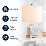 JONATHAN Y 21.5" White and Navy Blue Ceramic Ginger Jar LED Table Lamp, Modern Chinoiserie Fishnet Pattern with White Linen Shade and Brass Gold Base, LED Bulb Included JYL3043A