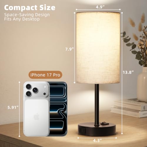ZJOJO Table Lamp for Bedroom Set of 2, Bedside Small Lamps with 3 Way Dimmable Rocker Switch and AC Outlet, Nightstand Desk Lamp with Flaxen Fabric Shade Black Base for Living Room Home Decor Lights