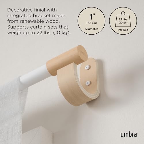 Umbra Bellwood Curtain Rod for Window Drapery, Adjustable Length 42" to 120", Set Includes Finials and Mounting Hardware, White/Natural