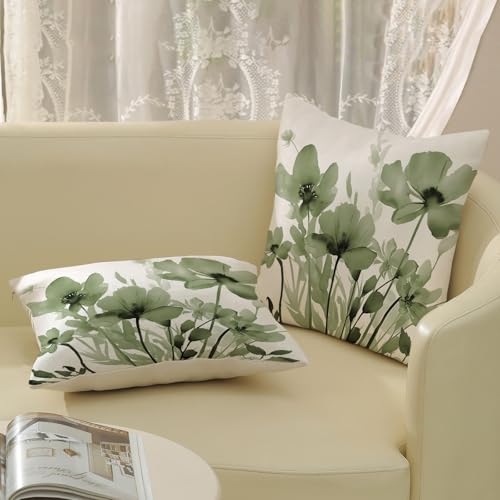 Spring Floral Pillow Covers 18x18 Inches Set of 2,Sage Green Floral Throw Pillow Covers Outdoor Summer Flower Decoration Pillowcase Farmhouse Decorative Square Linen Cushion Cover For Home Sofa
