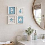 Tide and Tales Coastal Wall Art (Framed Set of 4) Beach Bathroom Wall Decor with Starfish, Seahorse, Sand Dollar and Coral - Ocean Theme Turquoise Room Decor - Seashell Beach Decorations for Home 7" x 7"