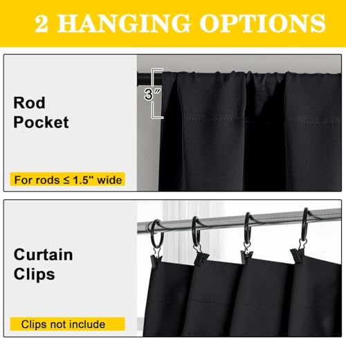 Black Blackout Curtains 84 Inch Length 2 Panels Set, Soft Solid Thermal Insulated Room Darkening Curtains 84 Inches Long for Bedroom Living Room, Rod Pocket Drape, Black, Each 40" Wx84 L