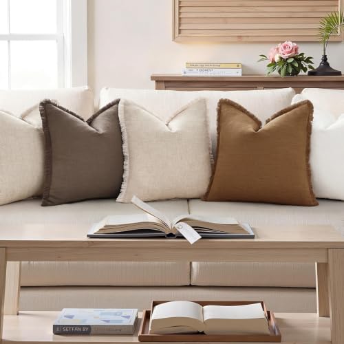 decorUhome Linen Fringe Linen Brown Throw Pillow Covers 24x24 Set of 2