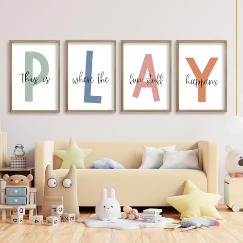This Is Where The Fun Stuff Happens Kids Playroom Wall Art 11x16 Inch Set Of 4 Rustic Kids Wood Framed Boy Sign Toddler Modren Nursery Interesting Let's Play Prints Wall Hang Decor (Wood)