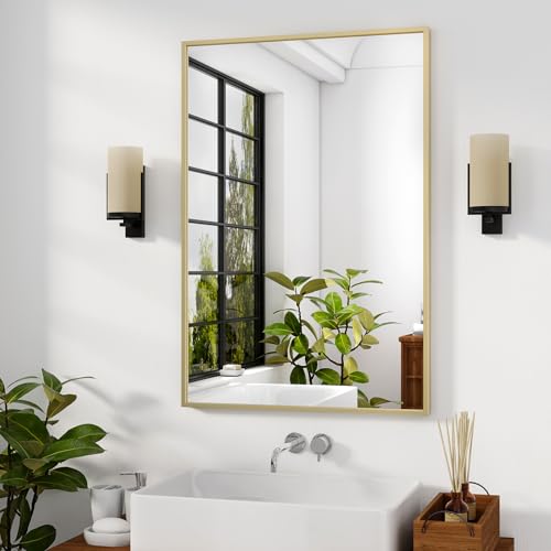 HARRITPURE 28"x20" Rectangle Mirror Bathroom Mirrors for Over Sink Framed | for Wall, Gold Framed Rectangle Mirror Aluminum Alloy Frame Wall-Mounted Horizontally/Vertically for Entryway/Bedroom/Vanity