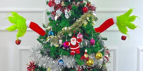 Christmas Elf Body Tree Decorations, Christmas Green Monster Stole Xmas Tree Topper, Pose-able Elf Stuffed Leg Arm and Head for Christmas Tree Decor Hanging Ornament (Arms, 27.6x7.8 inch)