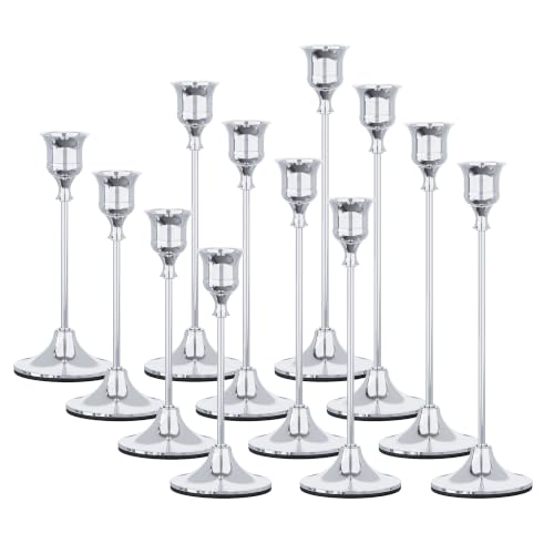 NLBTW 12 Pcs Silver Taper Candle Holder Bulks for Wedding Party Table Decor