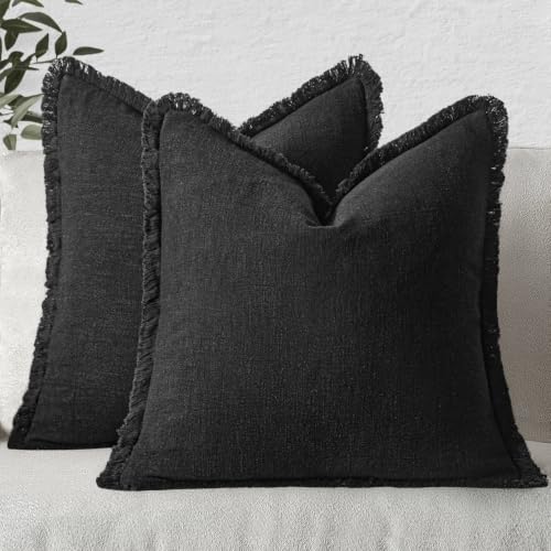 MIULEE Boho Linen Fringe Decorative Throw Pillow Covers Black 18x18