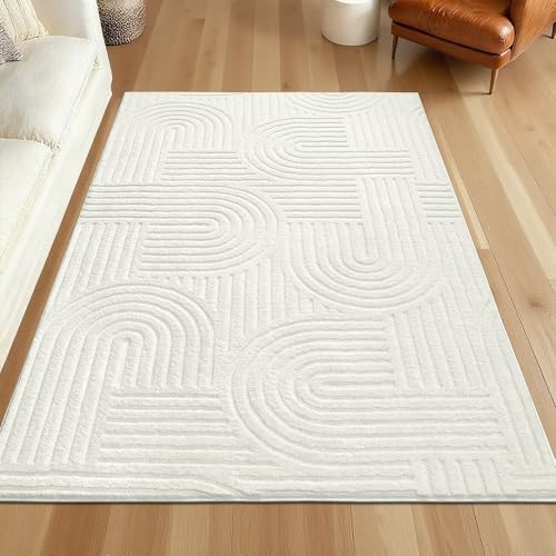 SHACOS Soft Cozy Fluffy Arch Pattern High-Low Pile Area Rugs 6'x9' Large Non Slip Washable Modern Geometric Rug Scandinavian Minimalist Carpet for Living Room Bedroom Dining Room, Cream White