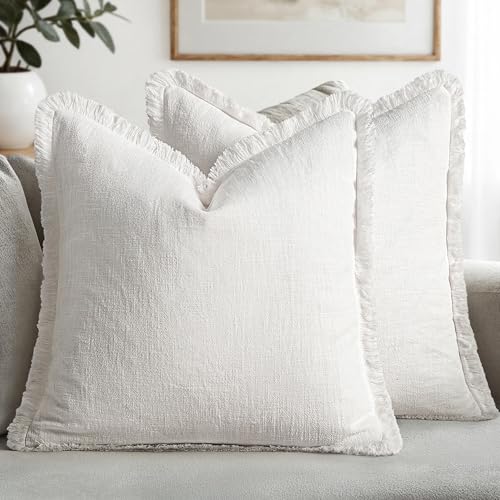 MIULEE Boho Linen Fringe Decorative Euro Throw Pillow Covers White 26x26