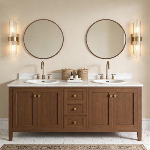 WallBeyond Wood Round Mirror with Wood Frame 24 inch Circle Wall Mirror for Bathroom Round Wall Mirror for Wall Decor, Vanity, Entryway Living Room (Walnut)