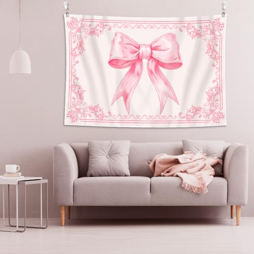 HunnmingRe 60" x 40" Pink Tapestry Coquette Pink Aesthetic Bedroom Hanging Wall Art Preppy Tapestry Decor Kit Cute Room Decoration for Women Girls Room Dorm Apartment(Bow)