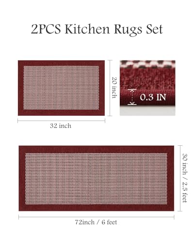 PADOOR Extra Large Kitchen Runner Rugs and Mats 2PCS, 2.5'x6'+20"x32",Red