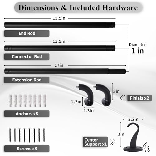 Wrap Around Black Curtain Rod for Windows 48-84 Inch, 1 Inch Heavy Duty Blackout Curtain Rod 34-95 Inches, Adjustable Curved Metal Drapery Rod, Matte Black