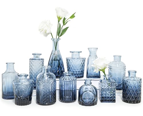 SUPMIND Glass Bud Vase Set of 12, Small Blue Flower Vases for Centerpieces in Bulk, Mini Vintage Vase for Wedding, Home,Table Decoration