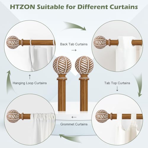 Wood Boho Curtain Rods for Windows:Wooden Farmhouse Decorative Curtain Rod for Bedroom Living Room,Heavy Duty Adjustable Rustic Bamboo Drapery Rods with Imitation Wood Grain Finials,Brown 36-88"