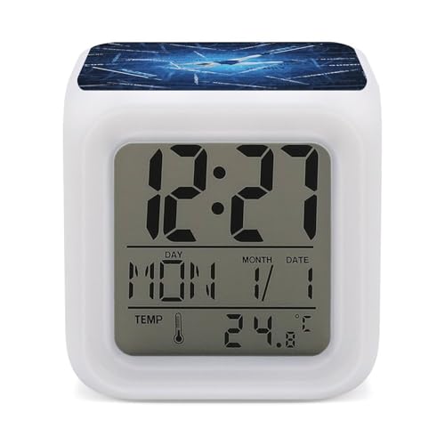 Gymnastics Blue Digital Alarm Clock for Bedroom, Cube Clocks with 7 Color Changing Night Light Battery Operated Small Alarm Clock,Bedside Wake Up Clock with Date, Temperature