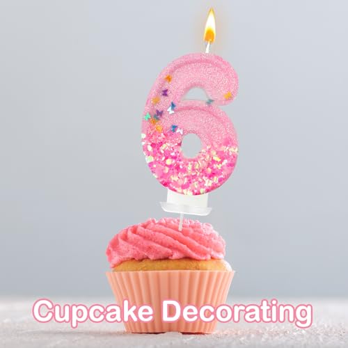 Pink Sequin Birthday Candles, Cake Number Candles, Girls 0th Birthday Decorations, Suitable for Birthday Parties, Anniversary Party Decorations(6)