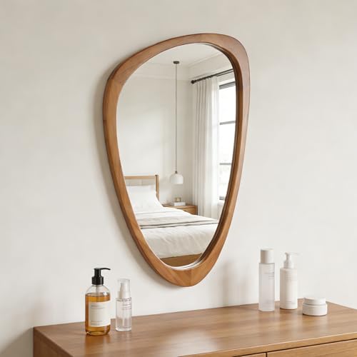 Irregular Wall Mirror Asymmetrical Bathroom Mirror, 19 x 30 Inch Wall Mounted Decorative Mirror with Wooden Frame for Living Room, Vanity, Bedroom, Entryway, Hallway