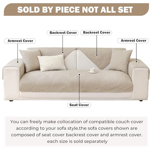 vctops Farmhouse Solid Color Embroidery Sofa Couch Cover Cotton Quilted Sectional Couch Covers Washable Non Slip Sofa Slipcover for Dogs, Children, Pets Furniture Protector (Khaki,28"x28")