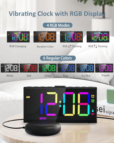 Roxicosly RGB Display Vibrating Alarm Clock with Bed Shaker for Heavy Sleepers Adults, 7-Level Dimmer, Dual Alarms with Weekday & Weekend Mode, Large Digits, Snooze, USB Charger, Battery Backup