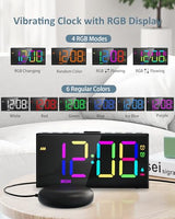Roxicosly RGB Display Vibrating Alarm Clock with Bed Shaker for Heavy Sleepers Adults, 7-Level Dimmer, Dual Alarms with Weekday & Weekend Mode, Large Digits, Snooze, USB Charger, Battery Backup