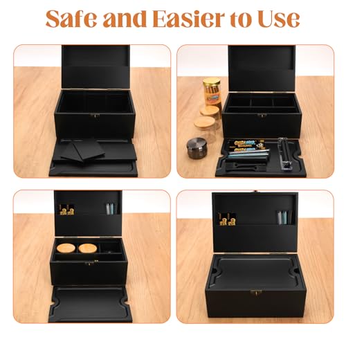 Large Bamboo Storage Box with Lock, Removable Wooden Tray, Airtight Rubber Seal Glass Jars, Decorative Lockable Wooden Organizer Box, Complete Accessories Gift Set