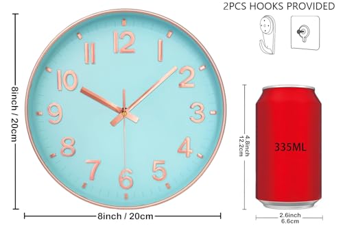 Wall Clock, 8 Inch Wall Clocks Battery Operated, Round Modern Non Ticking Silent Digital Analog Small Wall Clock for Bedroom Living Room Kitchen Office Gym Classroom Outdoor Clocks, Blue