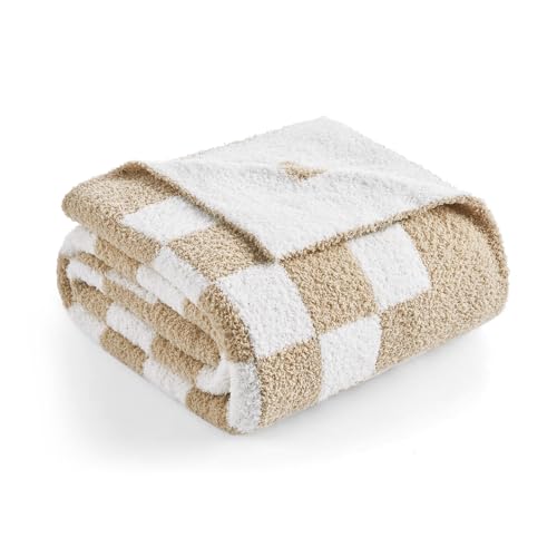 Snuggle Sac Checkered Bedding Blanket Twin Size 60x80, Super Soft, Cozy Warm Knit Blankets, Reversible Breathable Lightweight Fluffy Throws for Sofa, Bed, Checkered Beige, 60x80 Inches