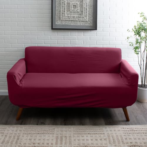 Home Details Stretch Pique Loveseat Slipcover Burgundy Color | Furniture Protector | 2 Cushion Couch Cover