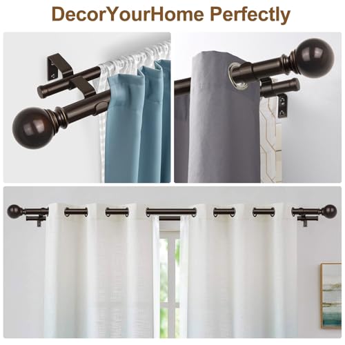 KAMANINA 1 Inch Bronze Double Curtain Rod 66 to 120(5.5-10Feet), Telescoping Splicing Drapery Rods for Windows 54 to 115 Inches, Window Curtain Rod with Round Finials