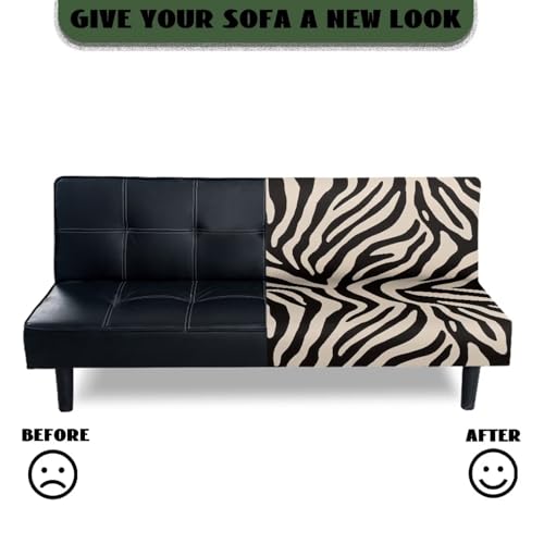 Zebra Print Beige Black Soft Futon Covers Armless Sofa Bed Slipcover with Elastic Bottom Wear Resistant Furniture Protector Stretch Washable Couch Cover for Futon