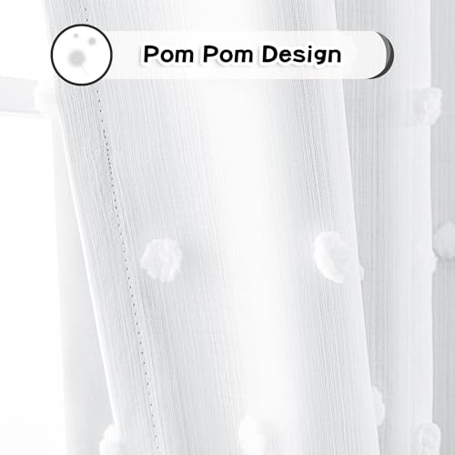 MYSKY HOME White Blackout Curtains for Bedroom 84 Inches Long 100% Light Blocking Drapes for Girls Kids Room Pom Pom Sheer Thermal Insulated Room Darkening Window Panels Back Tab Set of 2, 52W x 84L