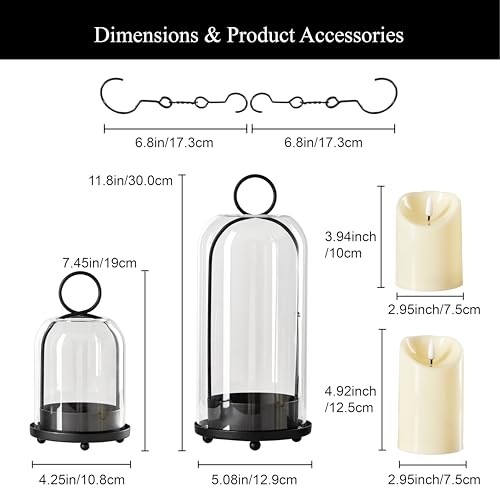 5"&4" Metal Candle Holder with Handmade Glass Dome in Brass & 2 Timer Candles, Set of 2 Versatile Hurricane Glass Candle Holders for Pillar Candles & Plants