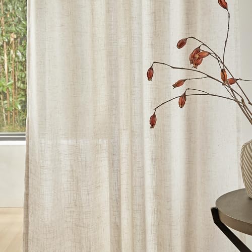 MYSKY HOME Linen Curtains for Living Room, Natural Semi Sheer Curtains & Drapes 84 inches Length 2 Panels Set Farmhouse Country Boho Style Back Tab Draperies for Sliding Glass Door, 50" Wide, Linen