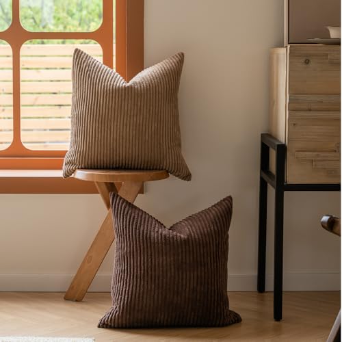LANANAS Neutral Couch Throw Pillow Covers 18x18 Inch Set of 4 Decorative Farmhouse Boho Throw Pillows for Living Room, Couch, Bed, Sofa Soft Corduroy Accent Home Decor (Neutral Brown, 18x18 Inch)