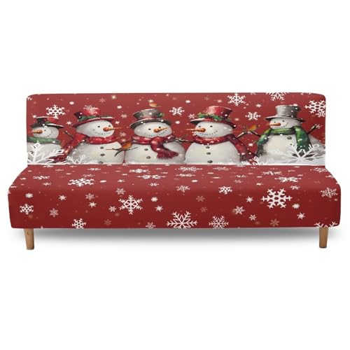 Christmas Futon Cover Armless Snowman Stretch Sofa Slipcover Washable Elastic Armless Couch Furniture Protector for Bedroom Living Room Home Decor