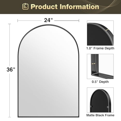 Brightify Arched Mirror, Arched Wall Mirror, 24 x 36 Inch Black Arch Mirror, Metal Frame Black Bathroom Mirror, Arched Top Bathroom Vanity Mirror for Living Room Bedroom Mantel Entryway Hallways