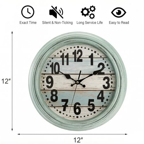ZENFUN 12'' Rustic Wall Clock, Silent Non Ticking Clock Quartz Wall Clock Battery Operated, Country Style Wall Decoration for Kitchen Living Room Home, Office, School, Large Numbers, Green