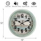 ZENFUN 12'' Rustic Wall Clock, Silent Non Ticking Clock Quartz Wall Clock Battery Operated, Country Style Wall Decoration for Kitchen Living Room Home, Office, School, Large Numbers, Green