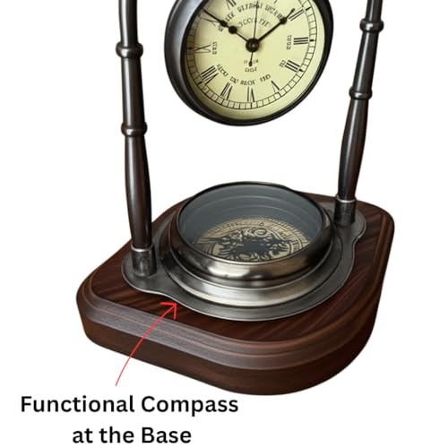 Antique Brass Desk Clock with Compass, Victoria London 1876 Analog Vintage Table Clock on Wooden Base